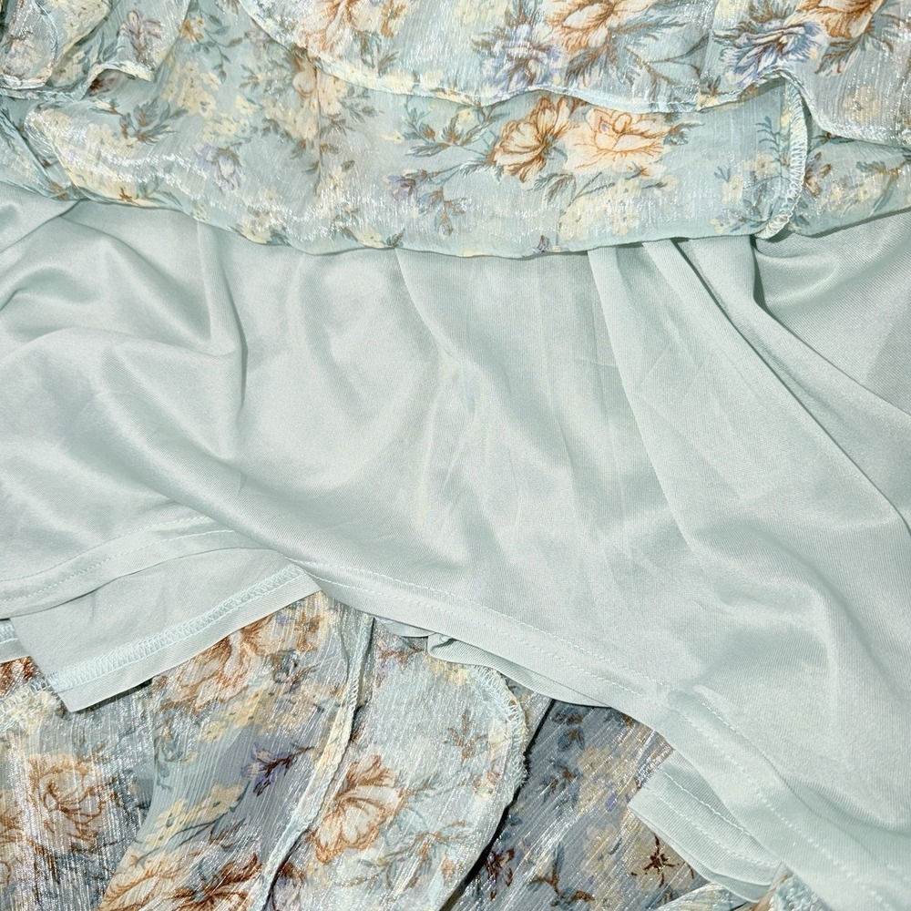By the River Floral Maxi Dress Medium Blue Ruffle Boho Chiffon Lined Cottagecore - Picture 9 of 11